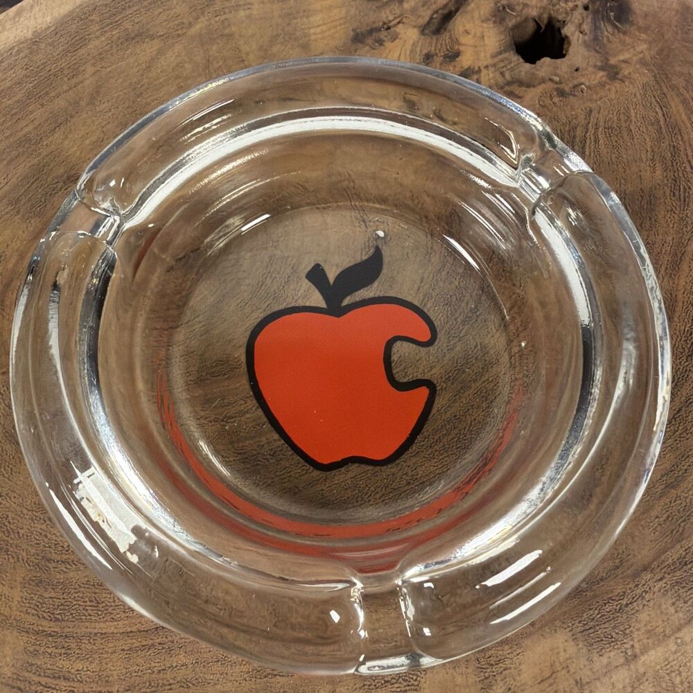 Vintage Clear Glass Ashtray / Trinket Dish with Red Apple Design